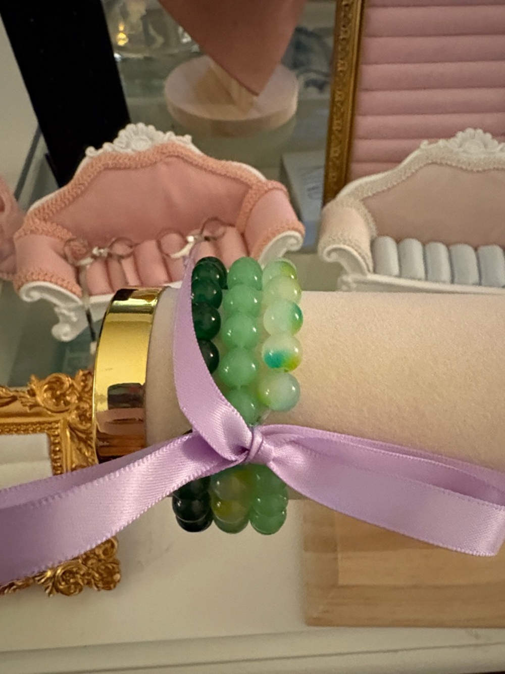 Green Beaded Stretch Bracelet Stack - Elegant Women’s Jewelry . Bow optional